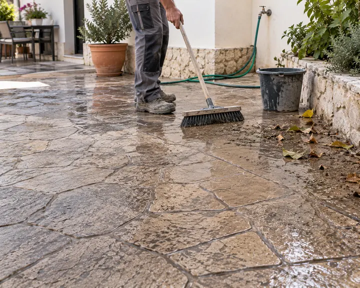 Limpieza y mantenimiento de un pavimento exterior de hormigón impreso