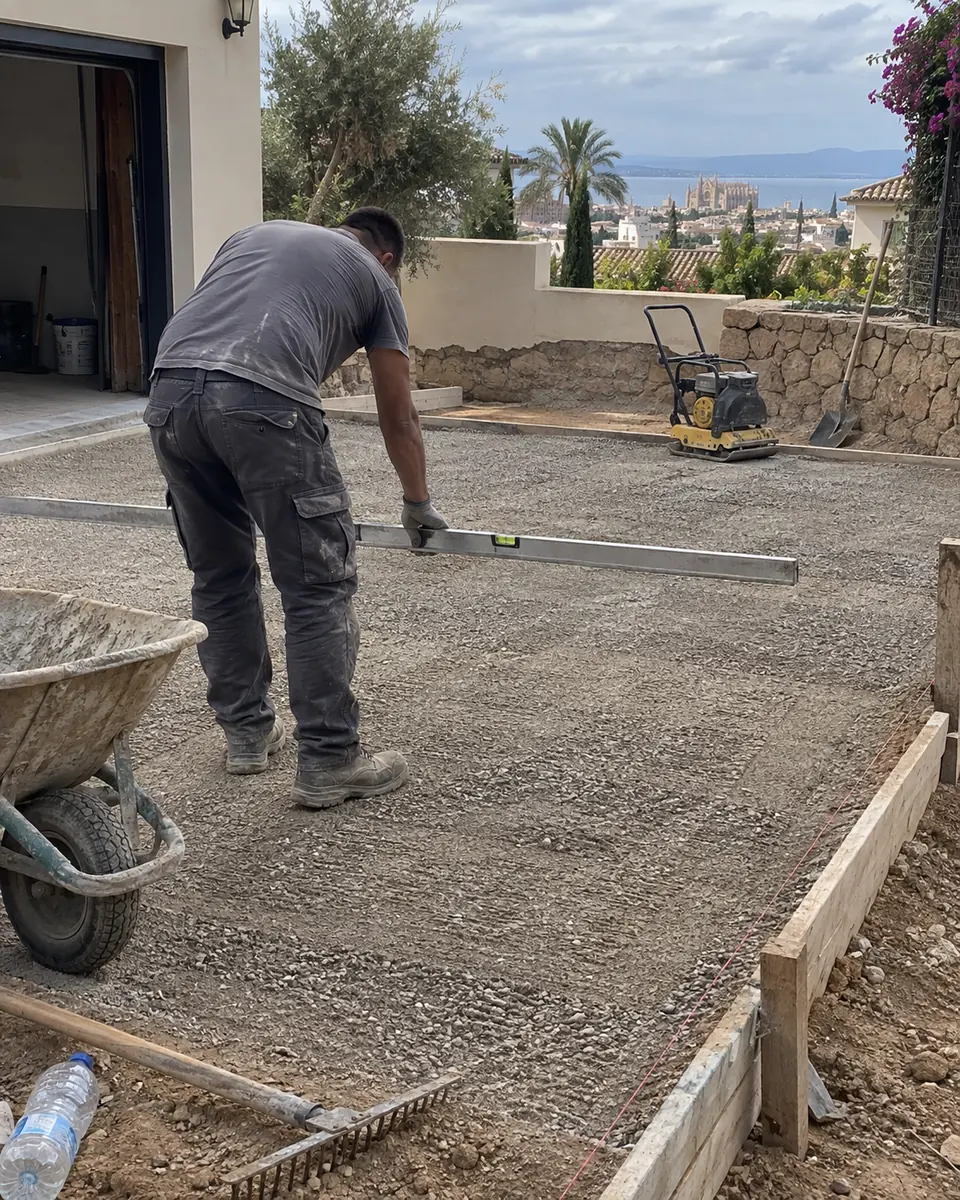 Profesional preparando la base antes de ejecutar un pavimento de hormigón impreso