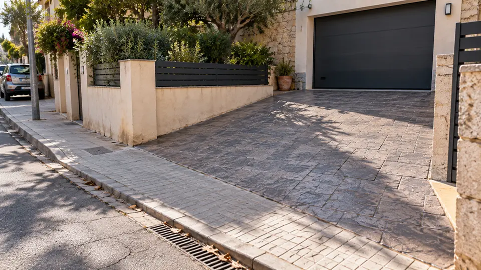 Entrada de vehículos y acceso residencial con pavimento de hormigón impreso