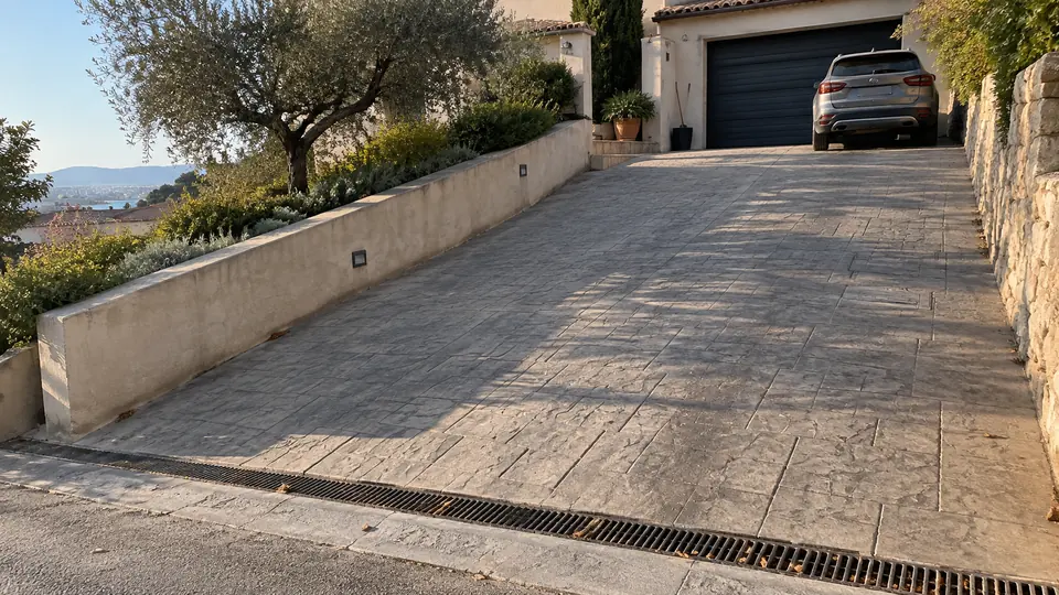 Entrada de vehículos con hormigón impreso en una parcela con pendiente
