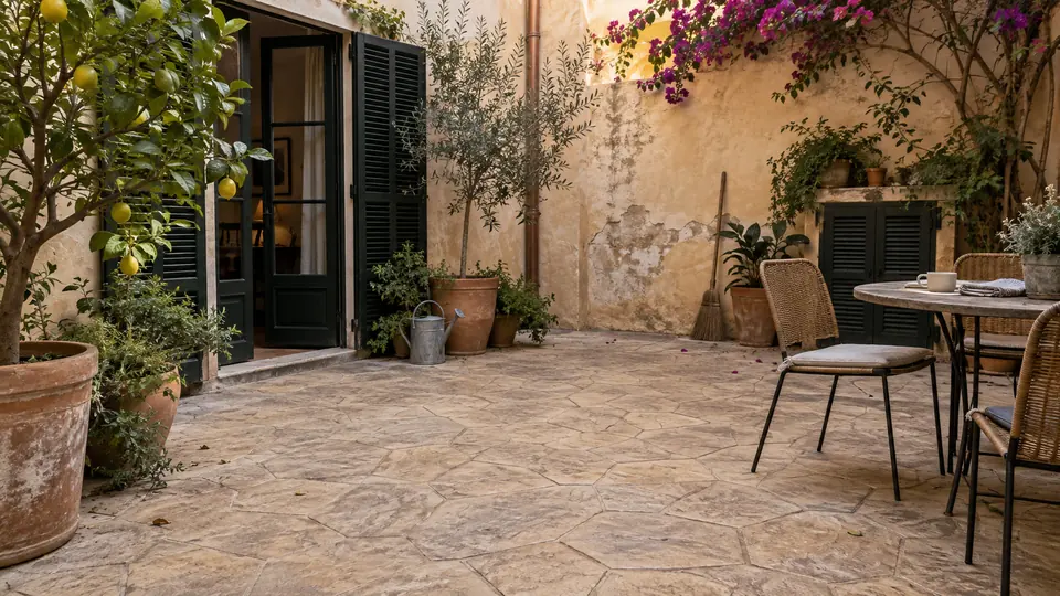 Pavimento de hormigón impreso en un patio, terraza o jardín de Palma