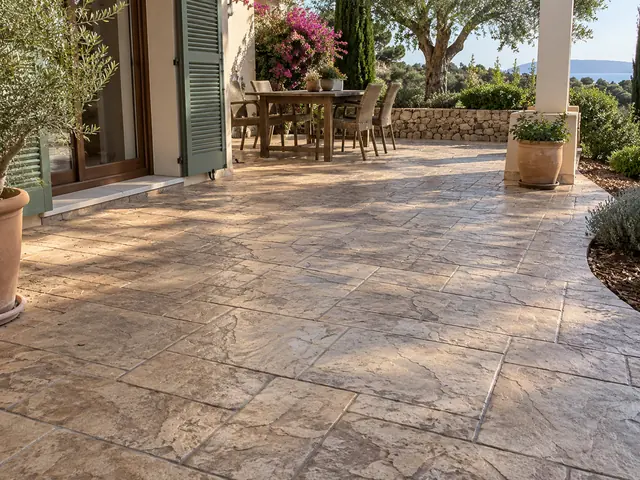 Pavimento exterior de hormigón impreso en una vivienda de Palma de Mallorca