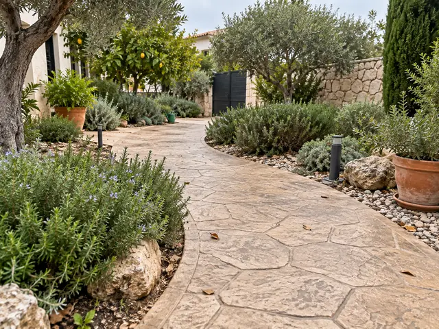 Camino y zona exterior de hormigón impreso integrados en un jardín