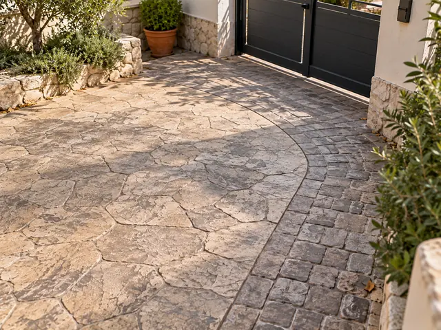 Pavimento de hormigón impreso con acabado imitación piedra y adoquín