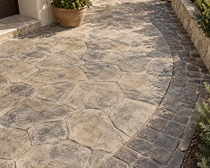 Pavimento exterior de hormigón impreso con acabado imitación piedra y adoquín