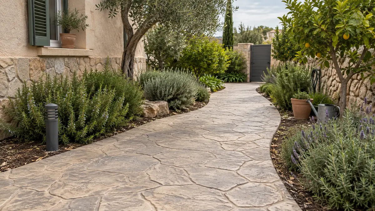 Caminos y zonas de paso con pavimento continuo de hormigón impreso en un espacio exterior