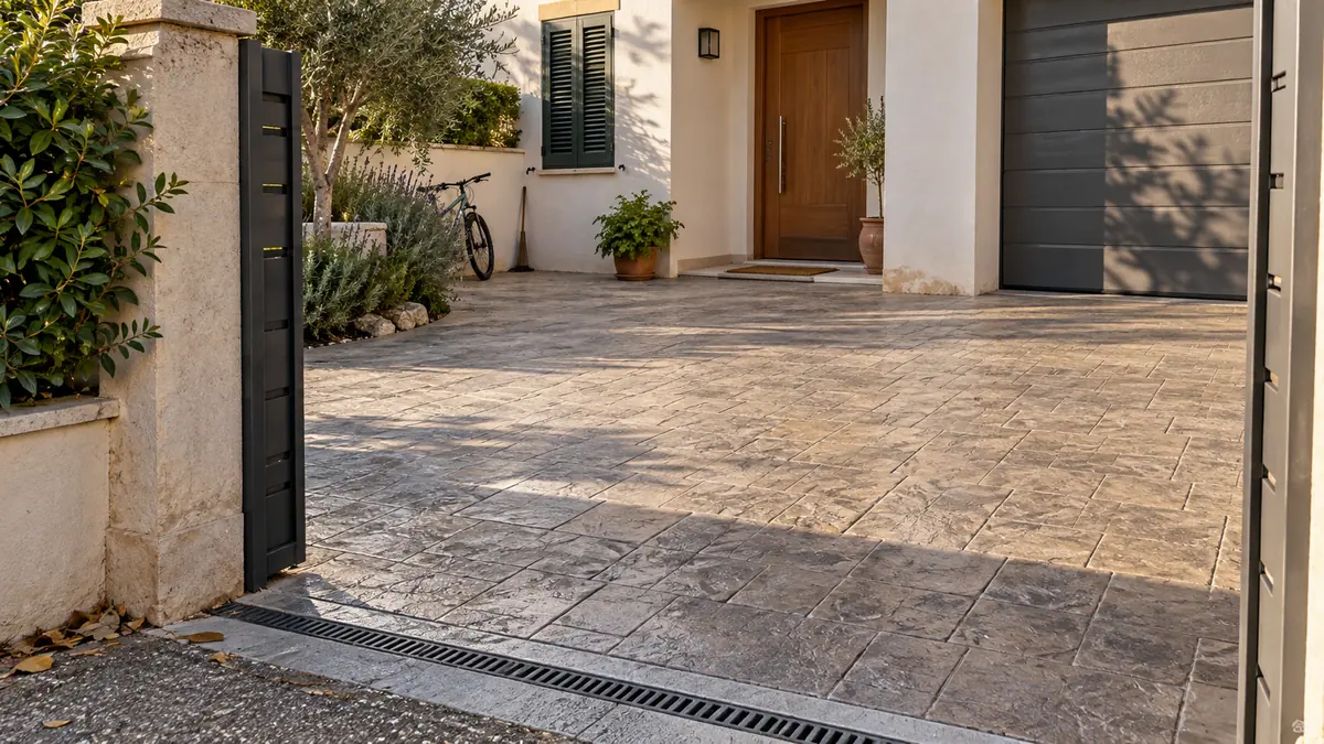 Hormigón impreso para entradas de viviendas con pavimento continuo de hormigón impreso en un espacio exterior
