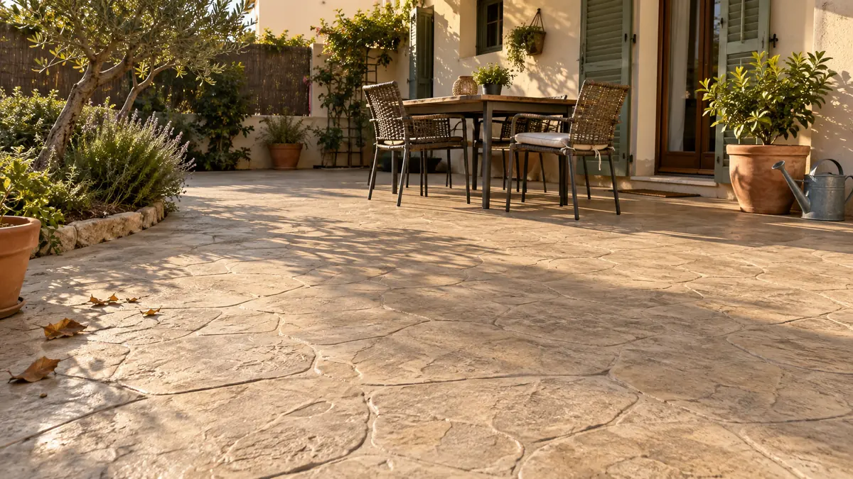 Hormigón impreso para patios con pavimento continuo de hormigón impreso en un espacio exterior