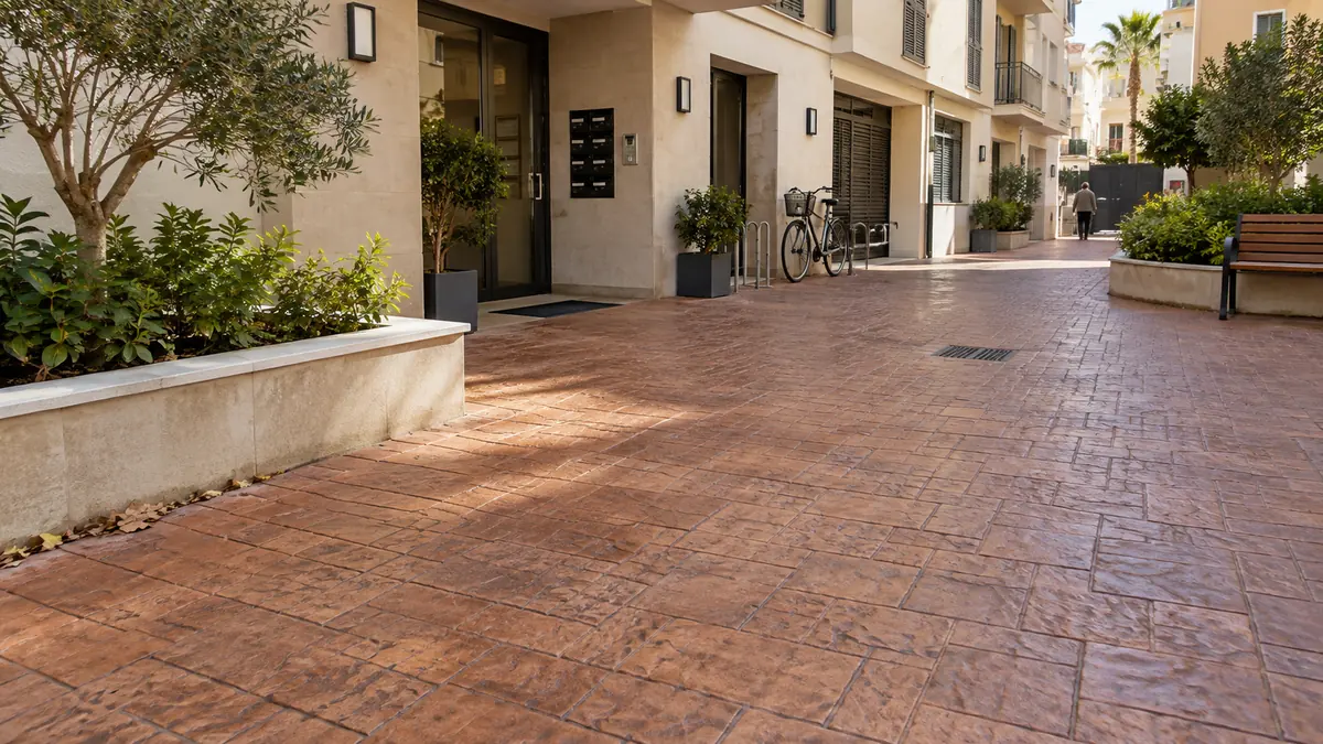 Pavimentos exteriores para negocios y comunidades con pavimento continuo de hormigón impreso en un espacio exterior
