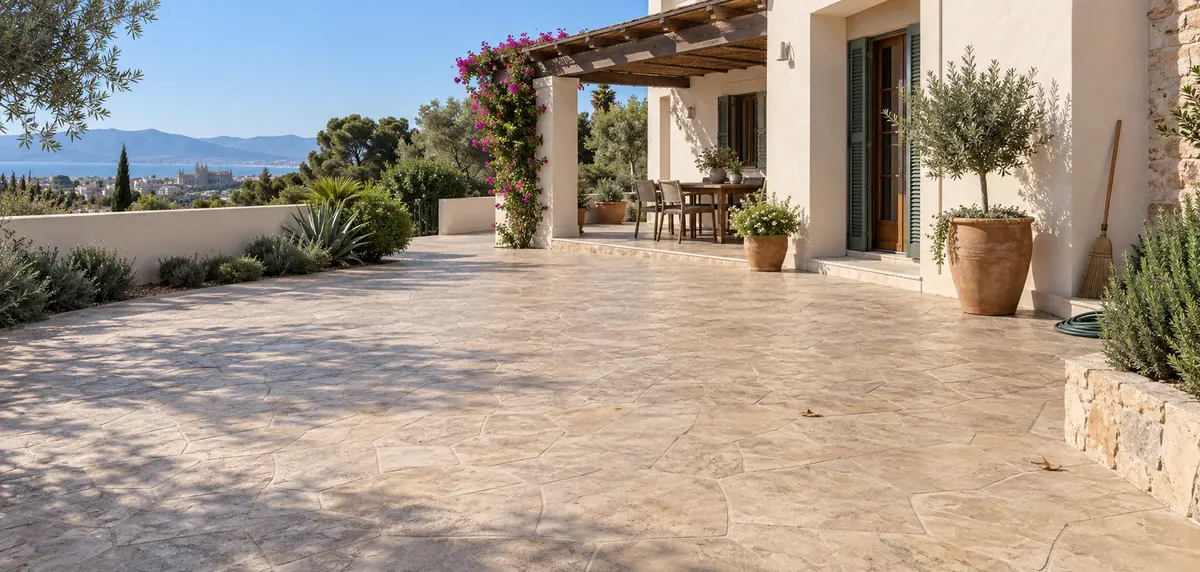 Pavimento exterior de hormigón impreso en una vivienda de Palma de Mallorca
