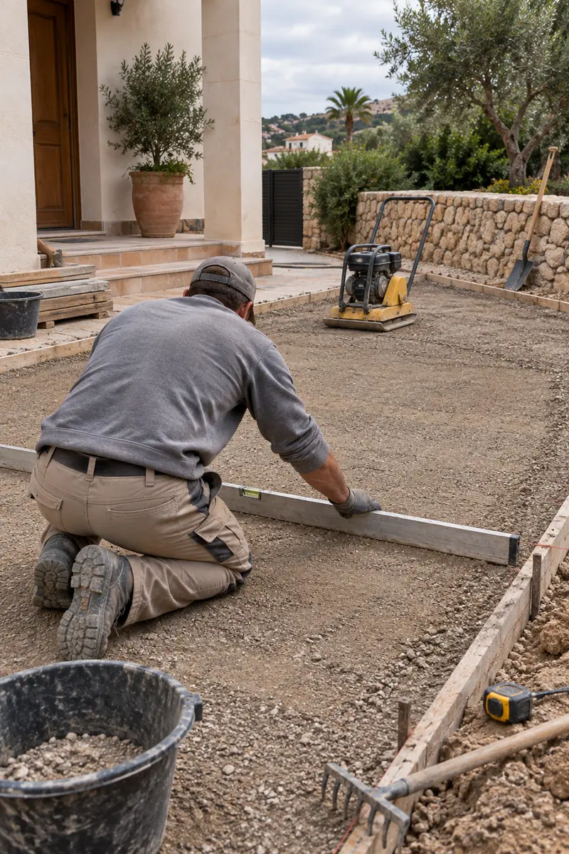 Profesional evaluando y preparando la base antes de ejecutar un pavimento exterior de hormigón impreso