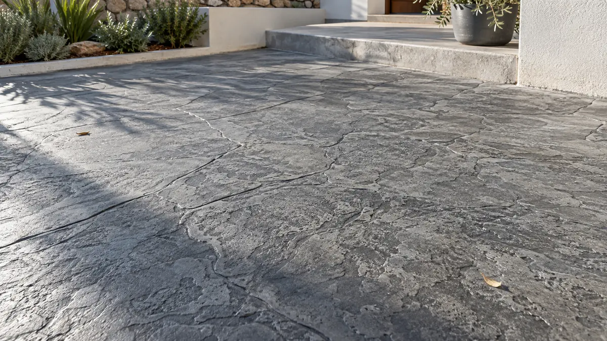 Detalle de pavimento exterior de hormigón impreso que muestra texturas cada vez más naturales