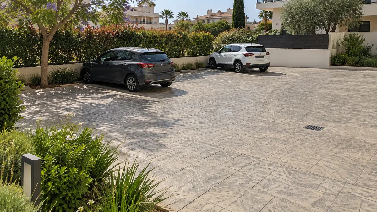 Zonas de aparcamiento con pavimento de hormigón impreso preparado para tráfico de vehículos
