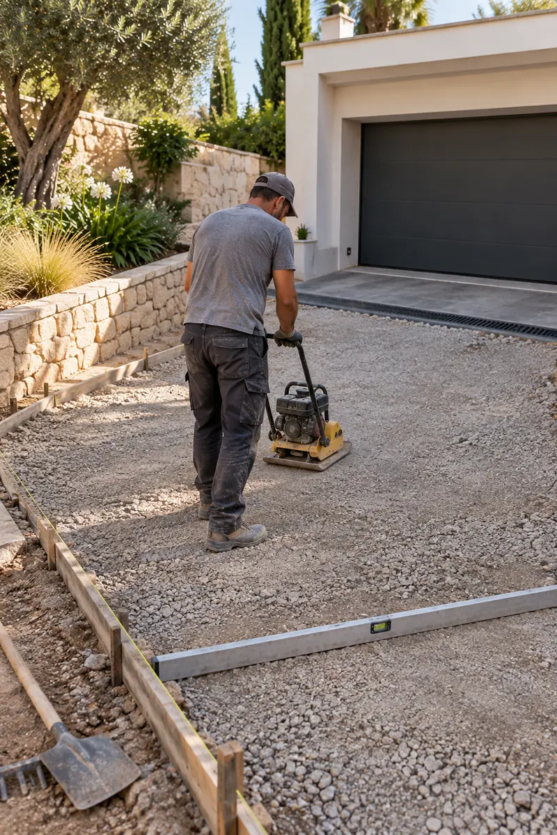 Profesional preparando y nivelando la base de un acceso de garaje antes del hormigón impreso