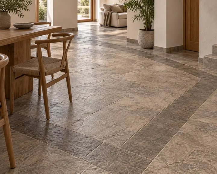 Suelo de hormigón impreso interior con acabado mate y satinado