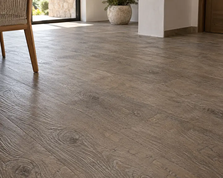 Suelo de hormigón impreso interior con acabado imitación madera