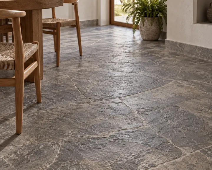 Suelo de hormigón impreso interior con acabado inspirado en piedra y pizarra