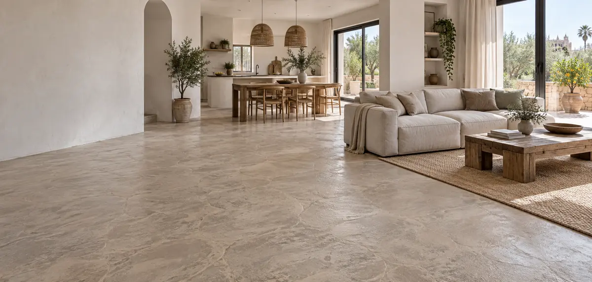 Suelo continuo de hormigón impreso en un interior residencial de estilo mediterráneo