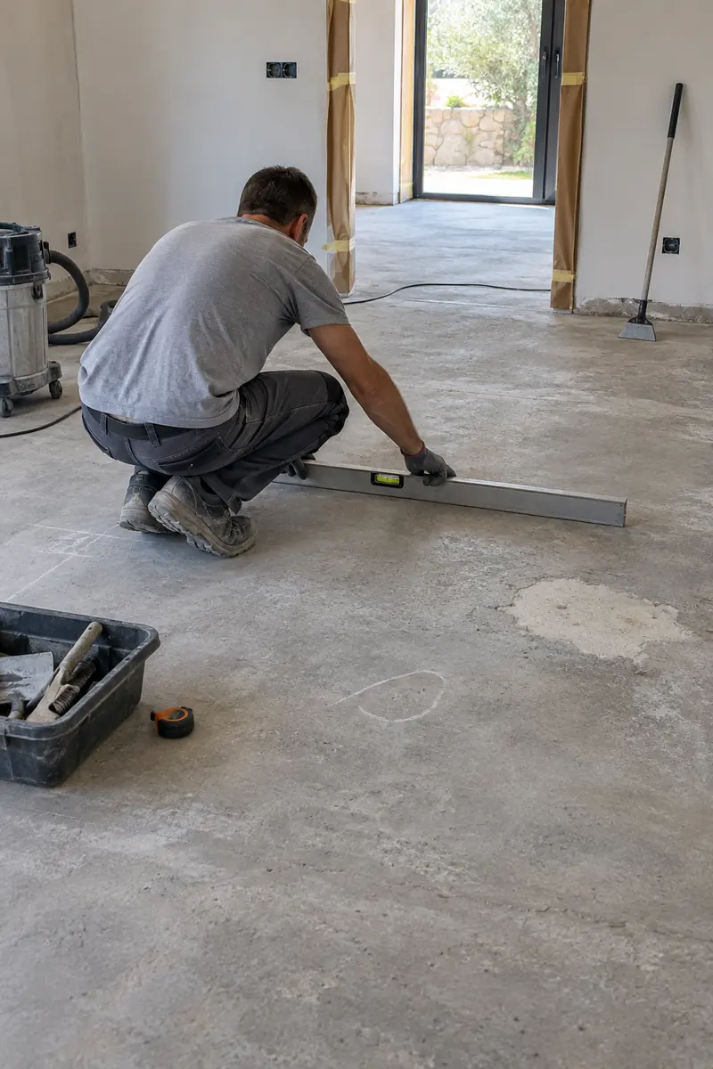 Profesional evaluando y preparando el soporte de un suelo interior antes del hormigón impreso