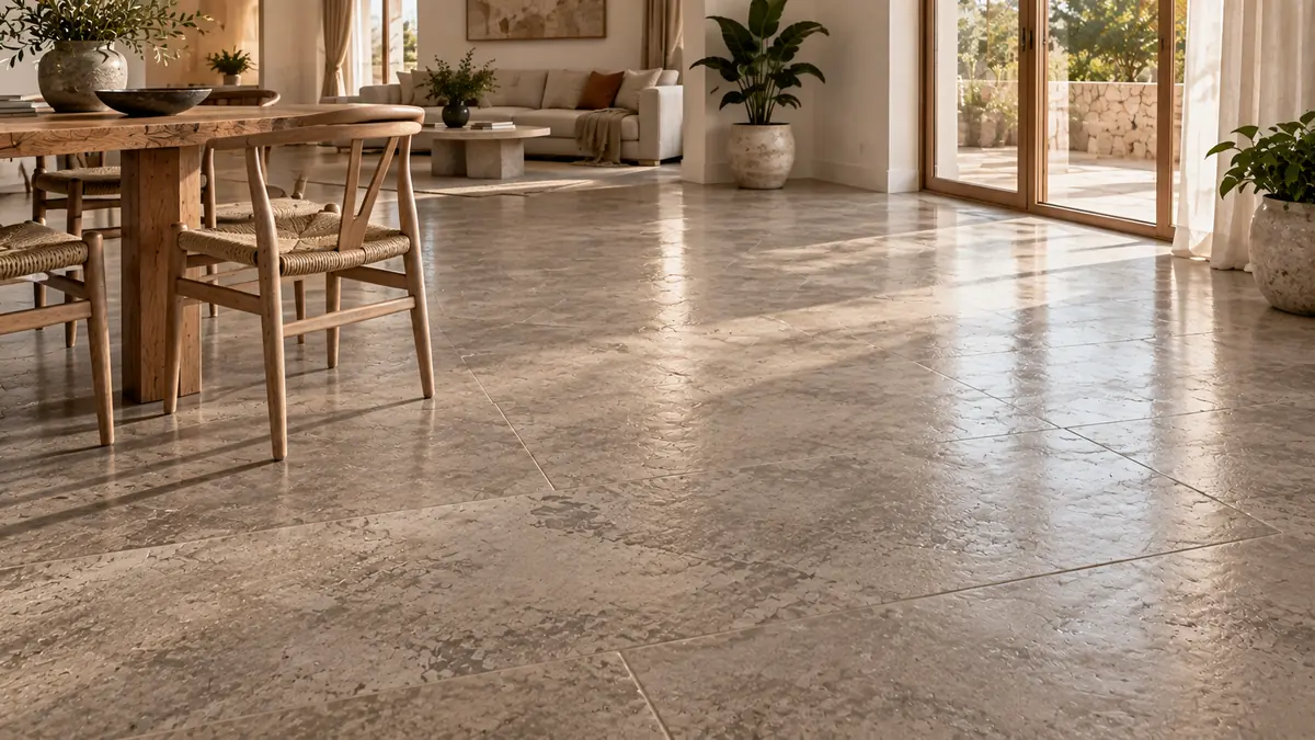 Detalle de suelo de hormigón impreso interior con acabados mate y satinados
