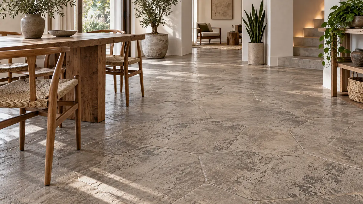 Detalle de suelo de hormigón impreso interior con texturas inspiradas en piedra y materiales minerales