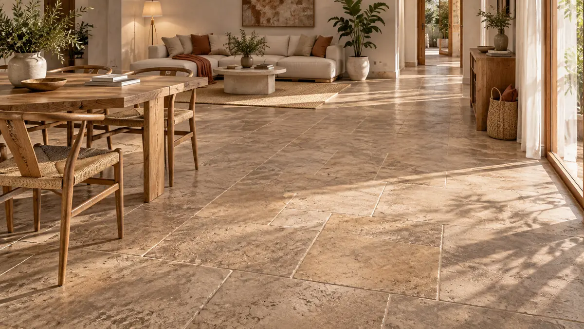 Detalle de suelo de hormigón impreso interior con tonos más cálidos y naturales