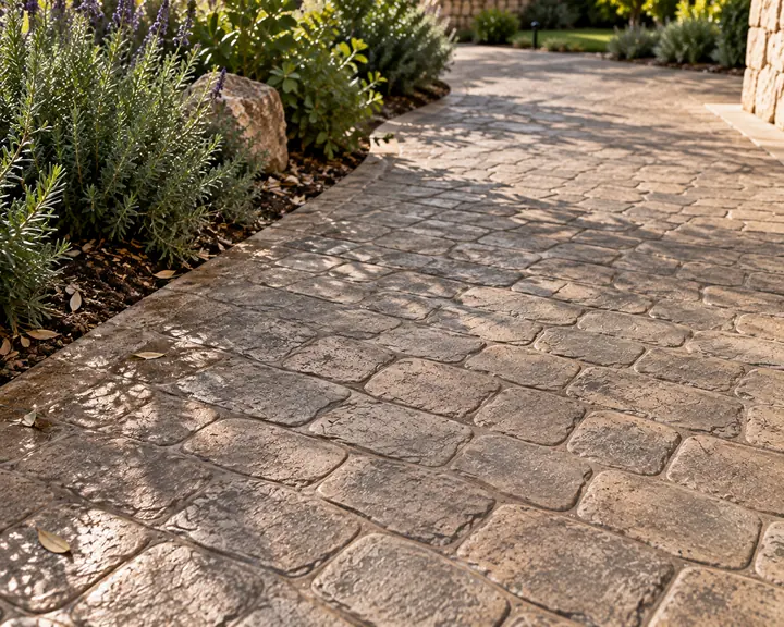 Camino de jardín de hormigón impreso con acabado imitación adoquín