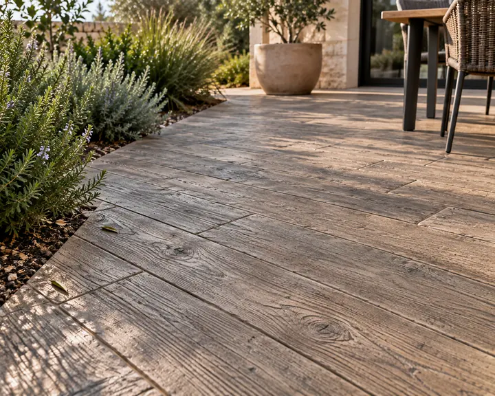 Hormigón impreso para jardín con acabado imitación madera