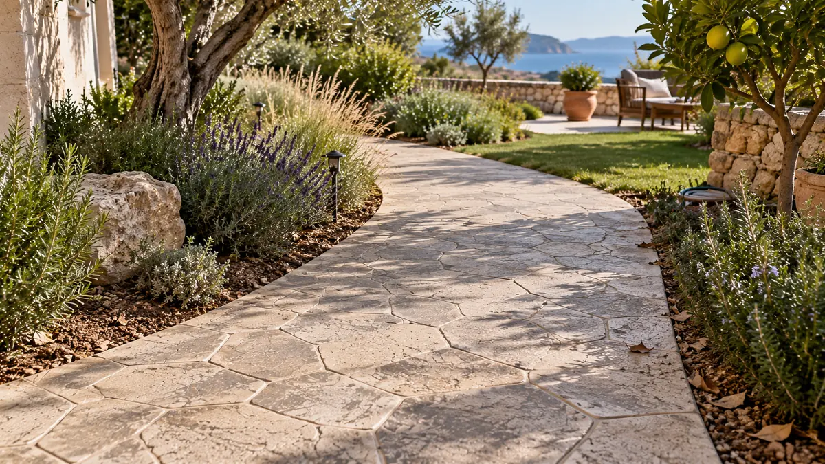 Caminos de jardín con hormigón impreso integrado en un jardín mediterráneo