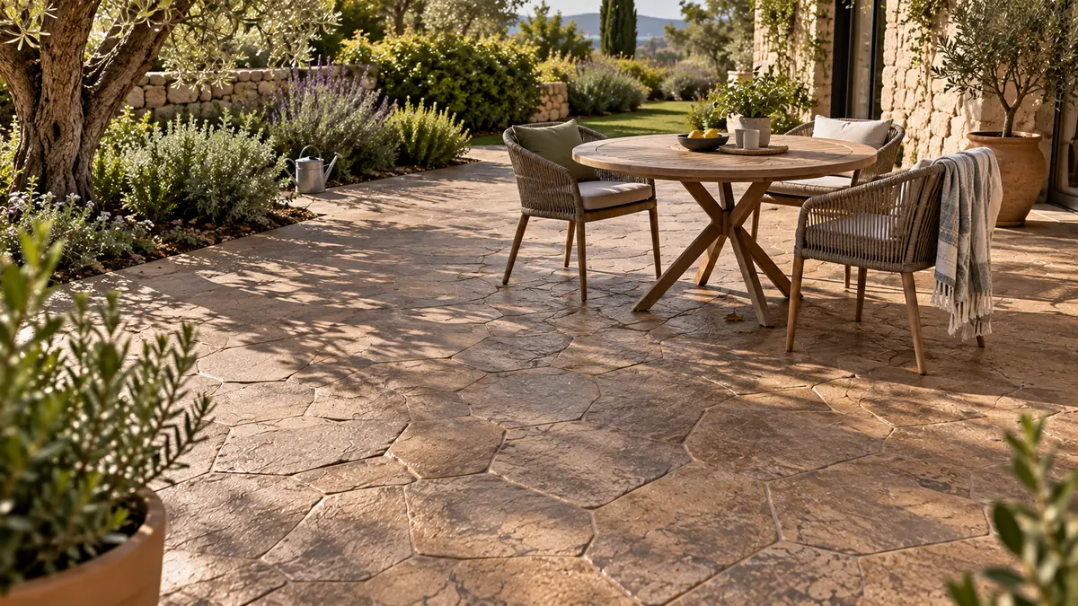Patios y zonas de estancia con hormigón impreso integrado en un jardín mediterráneo