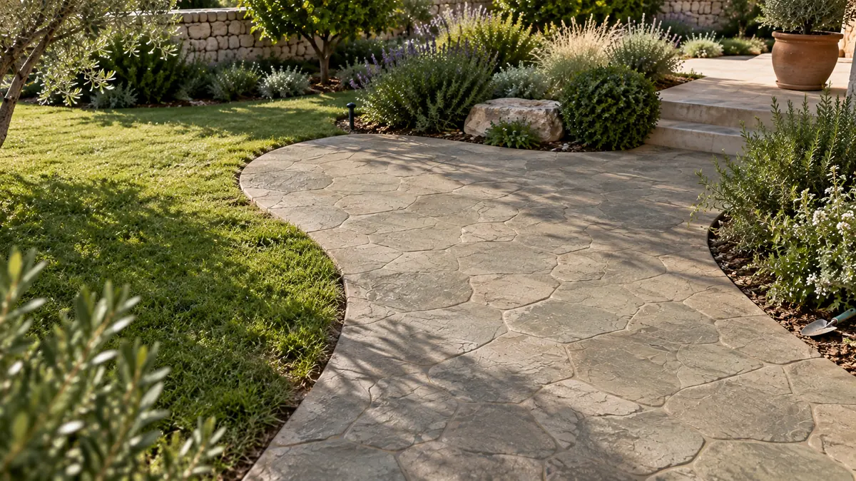 Zonas decorativas entre césped y jardinería con hormigón impreso integrado en un jardín mediterráneo