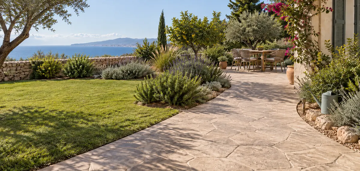 Camino y zona exterior de hormigón impreso integrados en un jardín mediterráneo