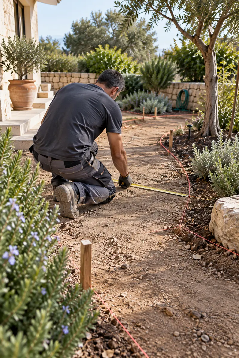 Profesional evaluando el terreno y replanteando una futura zona de hormigón impreso en jardín
