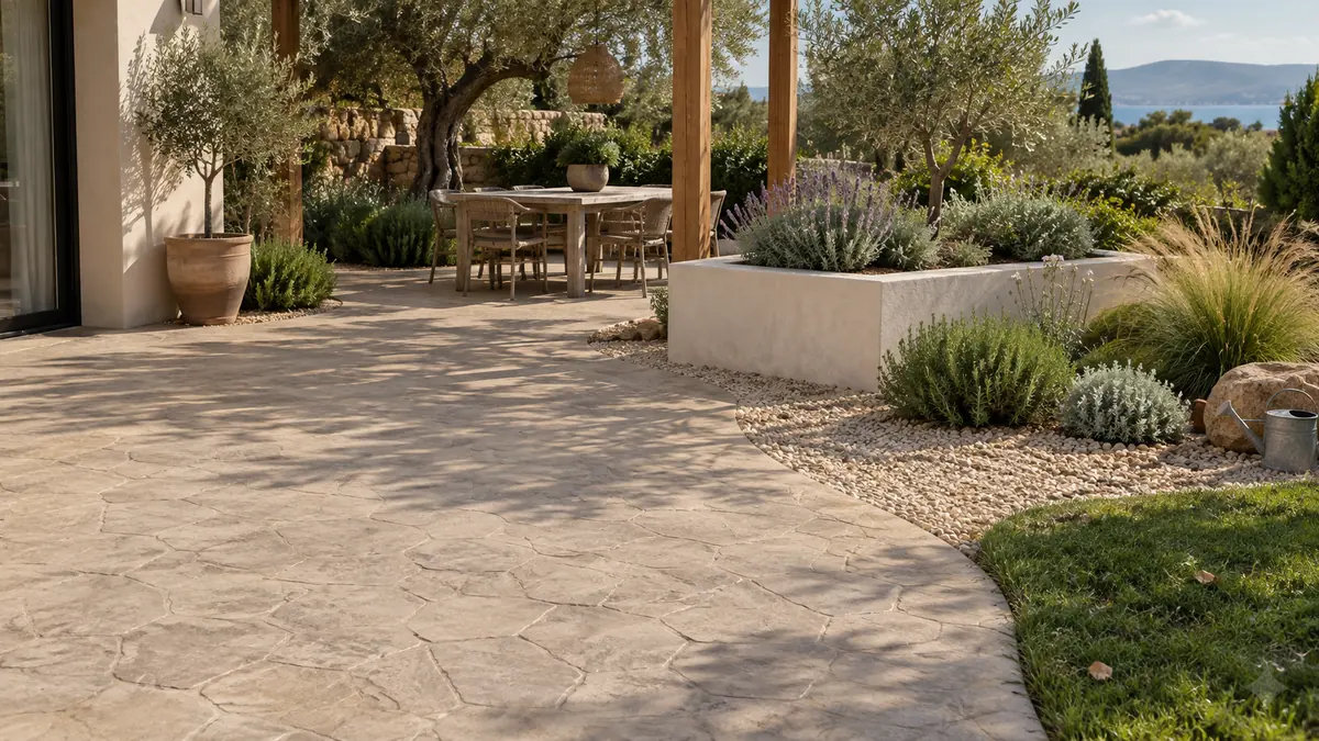 Ejemplo de hormigón impreso para jardines con combinación de materiales y texturas