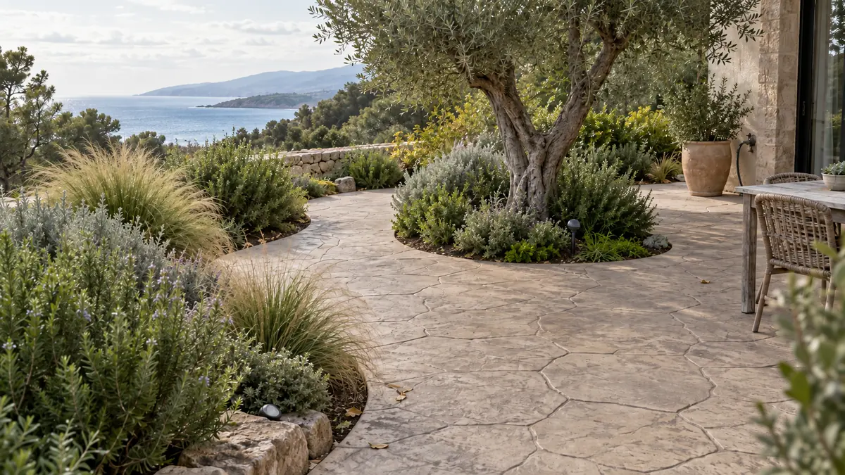 Ejemplo de hormigón impreso para jardines con diseños más integrados con el paisaje