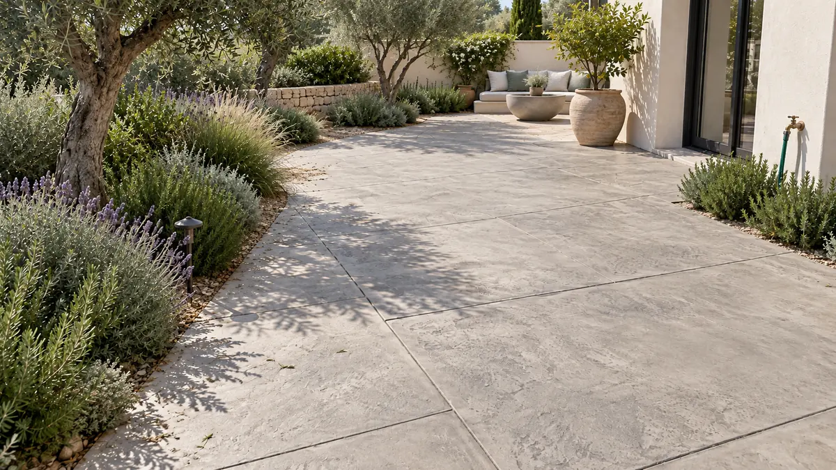 Ejemplo de hormigón impreso para jardines con grandes formatos y líneas más contemporáneas