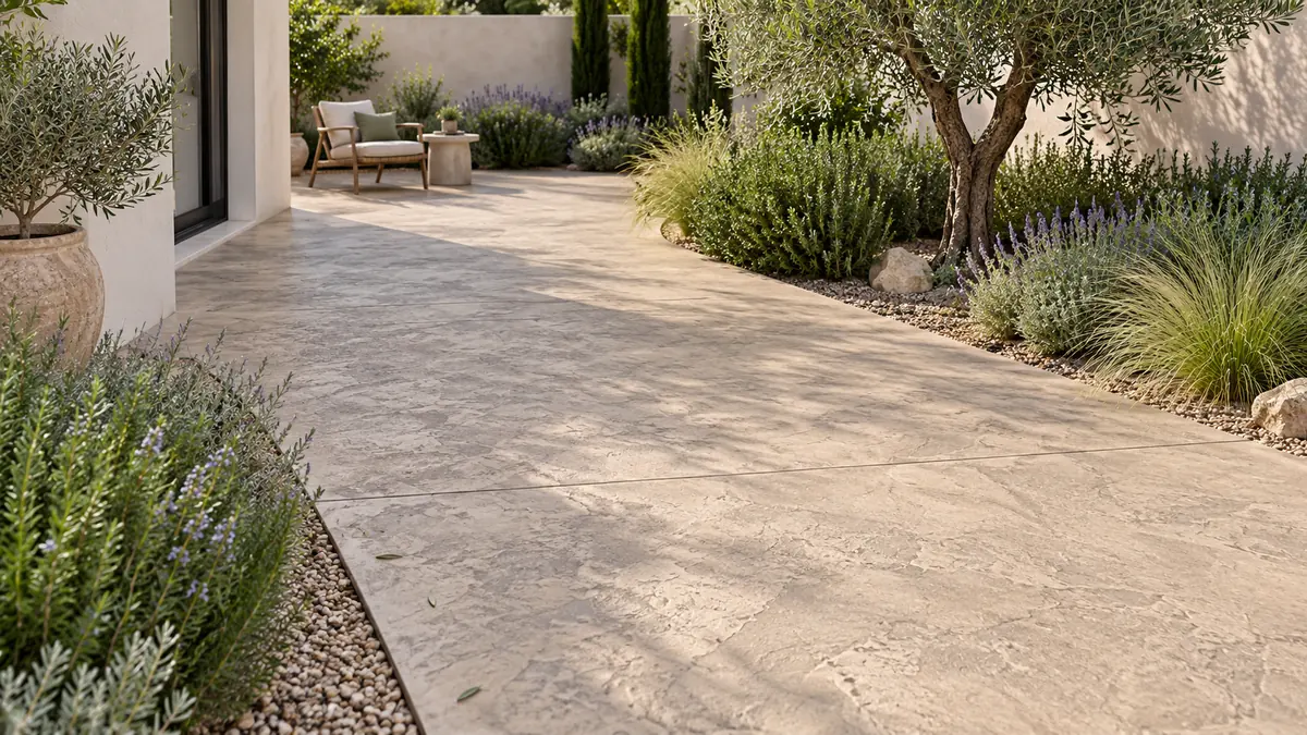 Ejemplo de hormigón impreso para jardines con texturas continuas y acabados más naturales