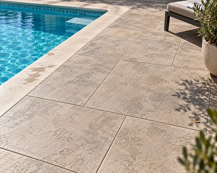 Acabado baldosa y grandes formatos en pavimento de hormigón impreso para piscina
