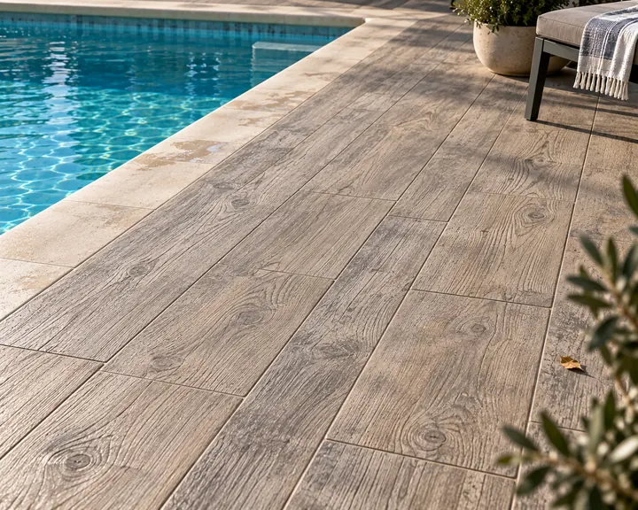 Hormigón impreso para piscinas con acabado imitación madera
