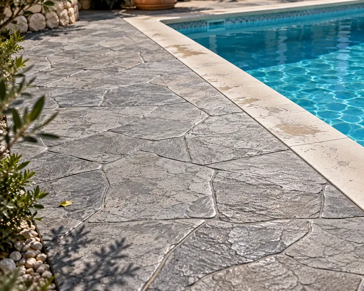 Hormigón impreso para piscinas con acabado inspirado en piedra natural y pizarra