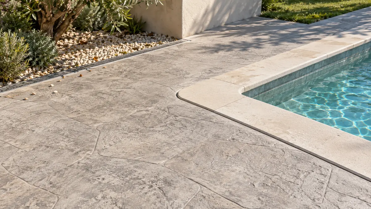 Bordes y encuentros con otras superficies con pavimento de hormigón impreso en una zona de piscina