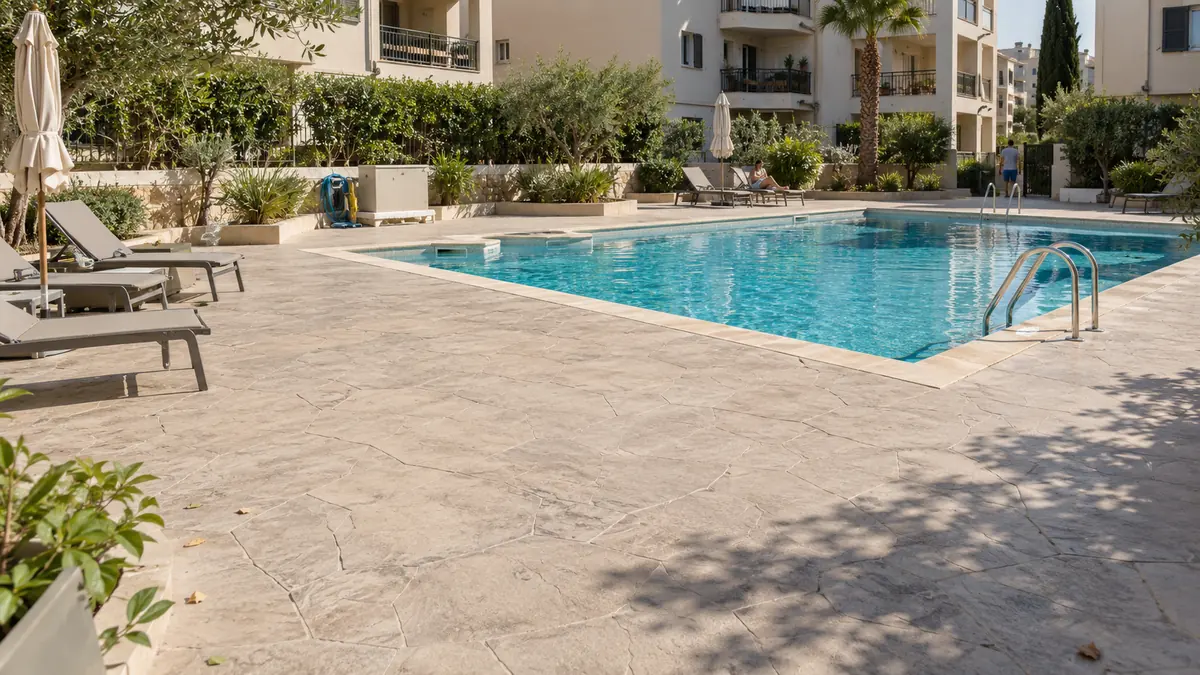 Piscinas de viviendas, hoteles y comunidades con pavimento de hormigón impreso en una zona de piscina