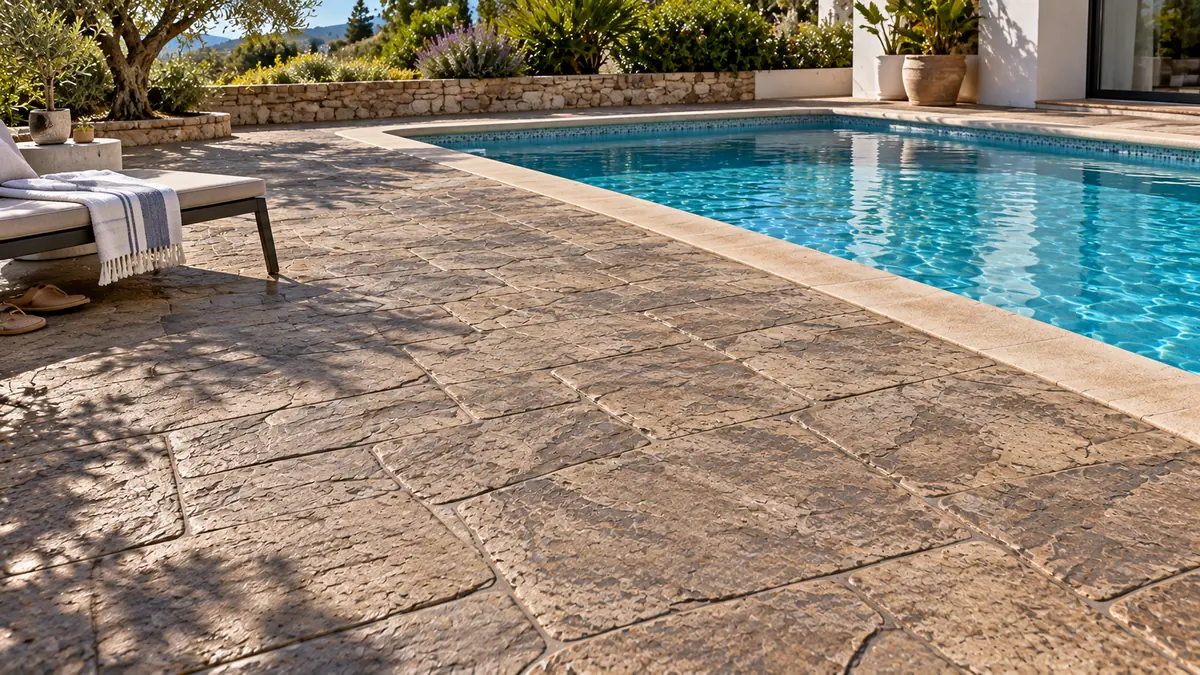 Playas de piscina con pavimento de hormigón impreso en una zona de piscina