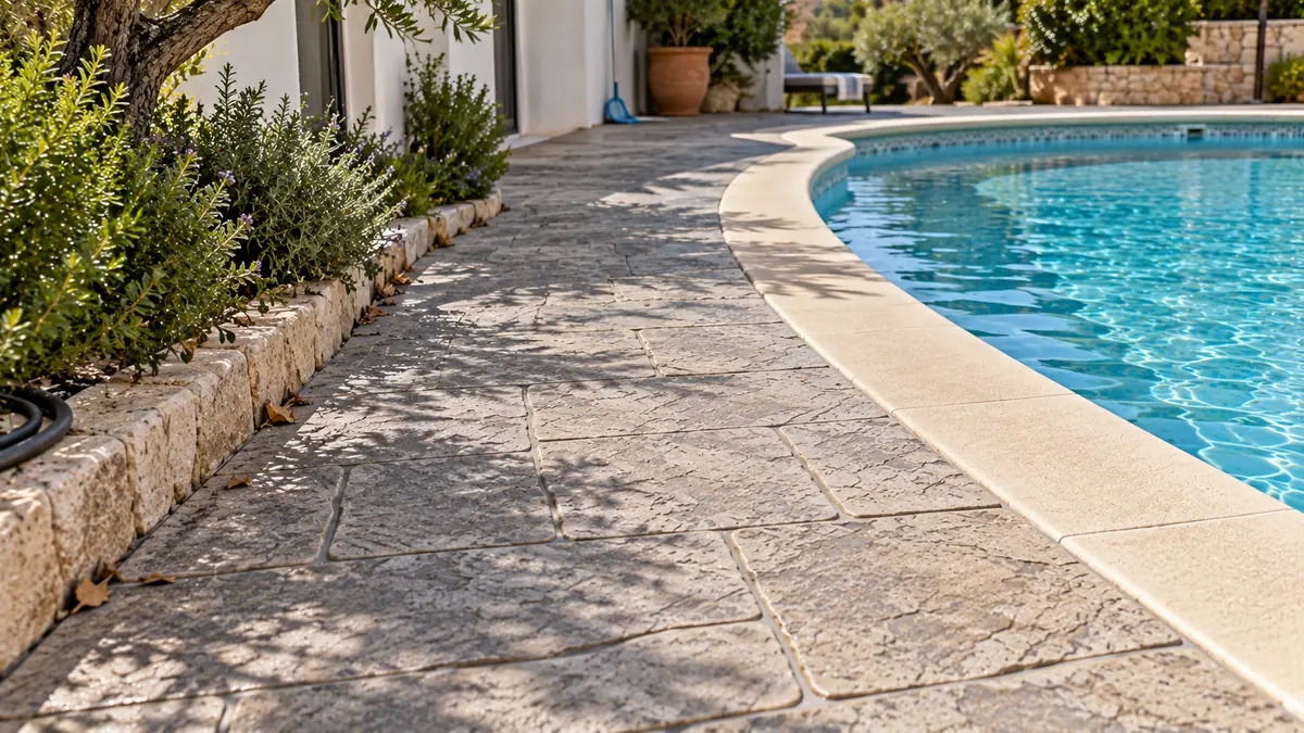 Zonas de paso alrededor de piscinas con pavimento de hormigón impreso en una zona de piscina