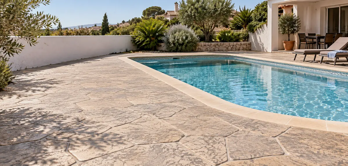 Piscina residencial con pavimento continuo de hormigón impreso alrededor del vaso
