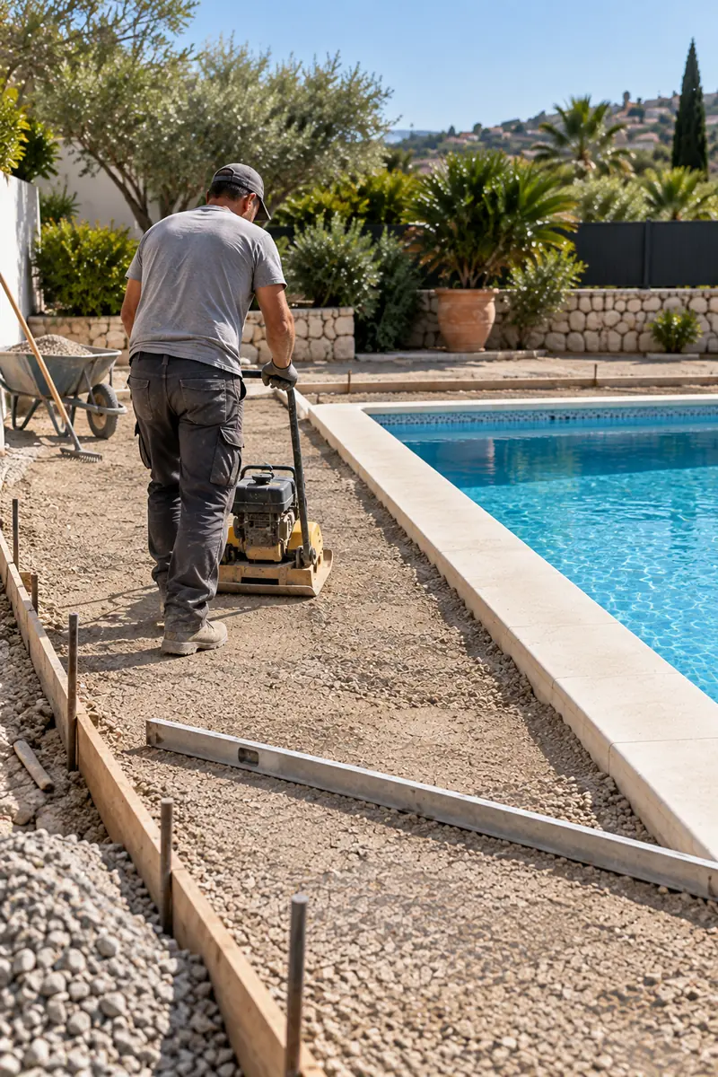 Preparación y nivelación de la base alrededor de una piscina antes de ejecutar el hormigón impreso