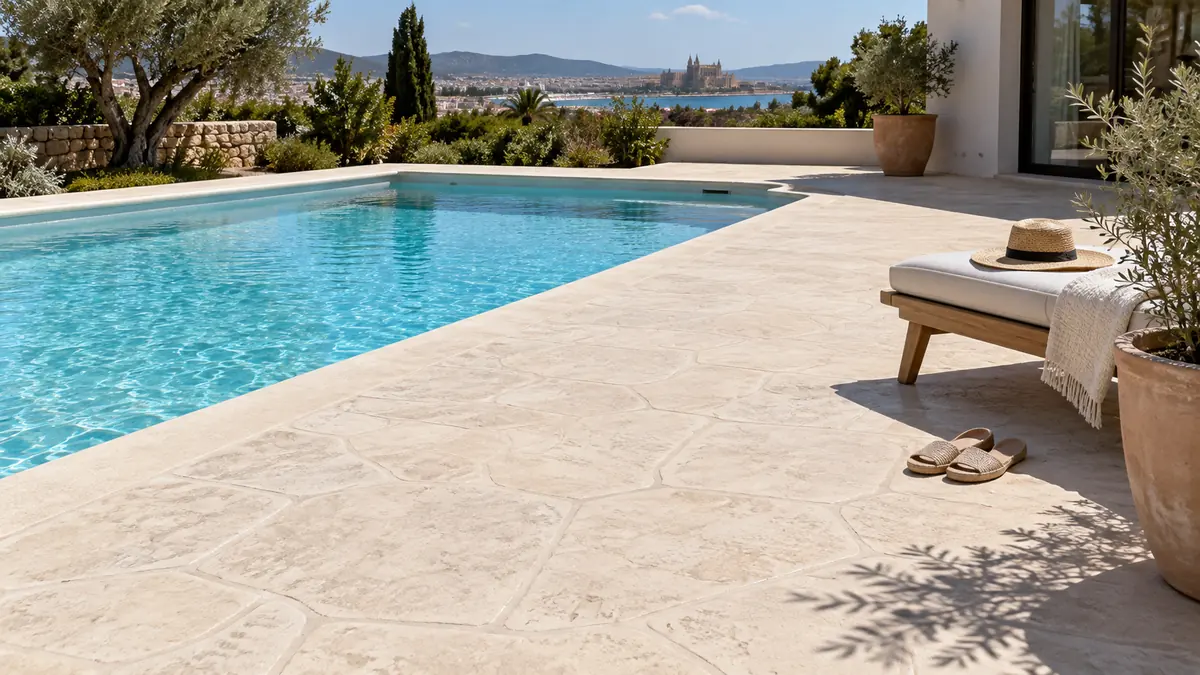 Detalle de hormigón impreso para piscinas con colores claros para reducir la acumulación de calor