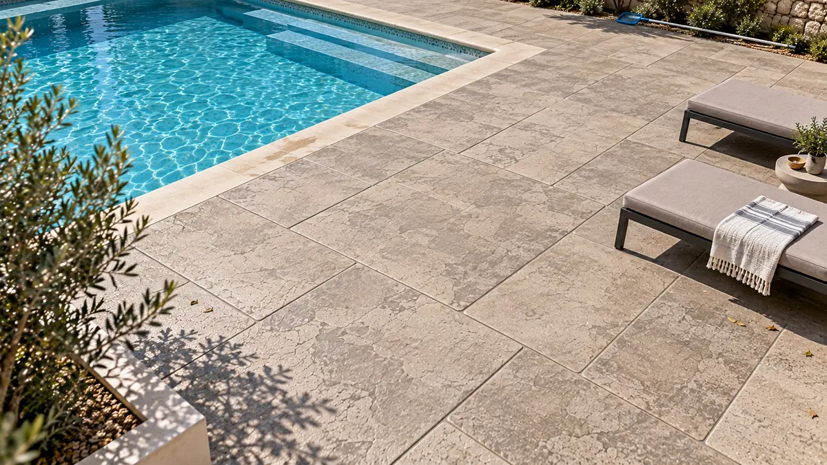 Detalle de hormigón impreso para piscinas con grandes formatos y diseños geométricos