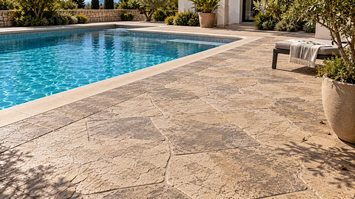 Detalle de hormigón impreso para piscinas con piedra natural y acabados de dos tonos