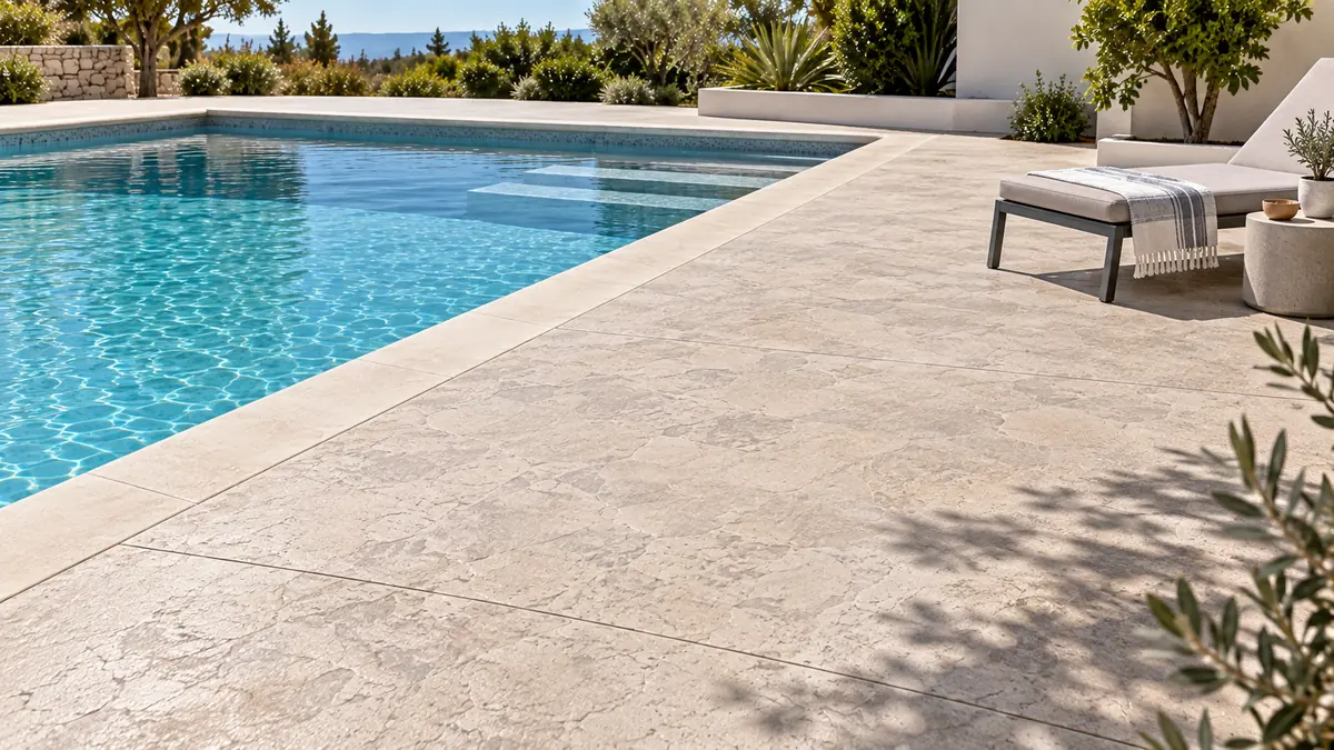 Detalle de hormigón impreso para piscinas con texturas continuas y acabados más limpios